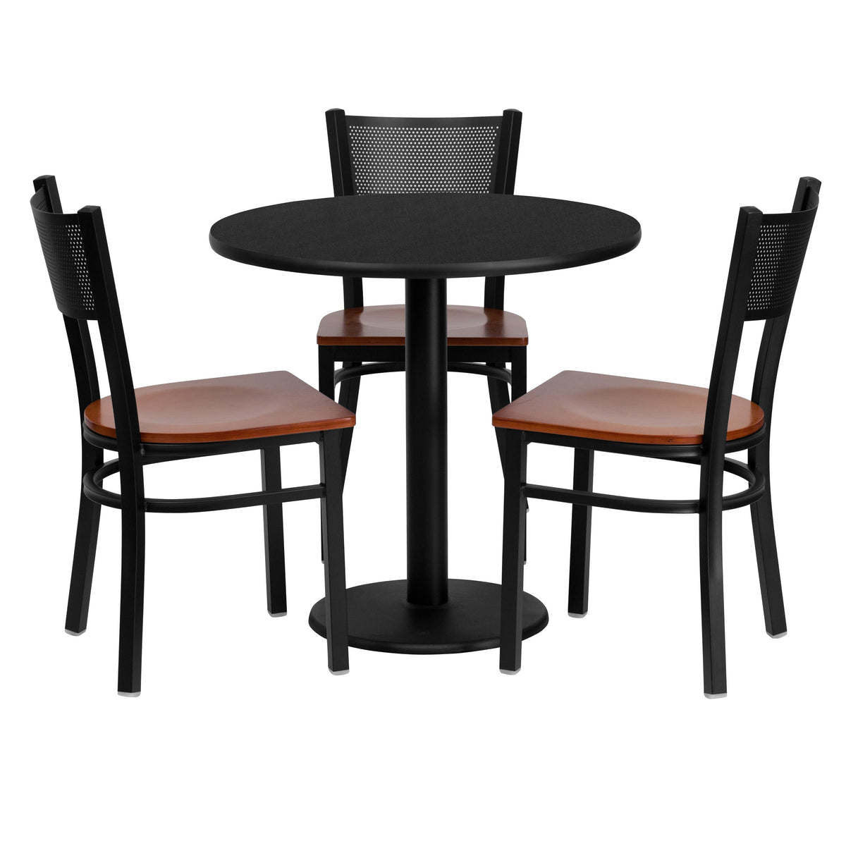 30inch Round Black Laminate Table Set with 3 Metal Chairs - Cherry Wood Seat