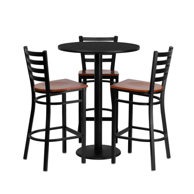 30'' Round Laminate Table Set with 3 Ladder Back Metal Barstools - View 1