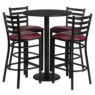 30'' Round Laminate Table Set with Round Base and 4 Ladder Back Metal Barstools - View 1