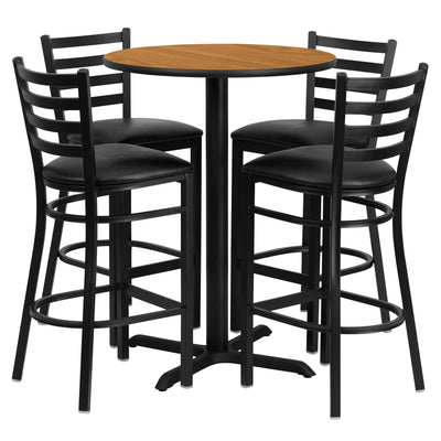 30'' Round Laminate Table Set with X-Base and 4 Ladder Back Metal Barstools - View 1