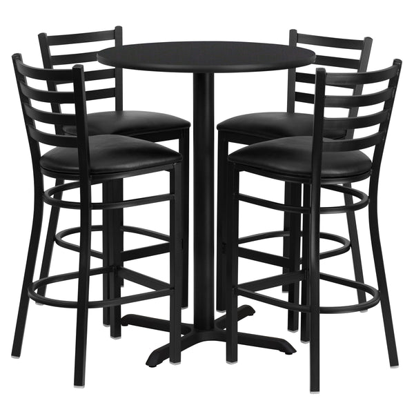 Black Top/Black Vinyl Seat |#| 30inch Round Black Laminate Table with X-Base and 4 Ladder Back Metal Barstools