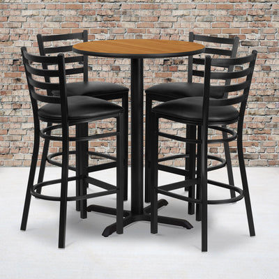 30'' Round Laminate Table Set with X-Base and 4 Ladder Back Metal Barstools - View 2