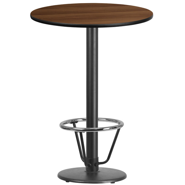 Walnut |#| 30inch Round Walnut Laminate Table Top & 18inch Round Bar Height Base with Foot Ring