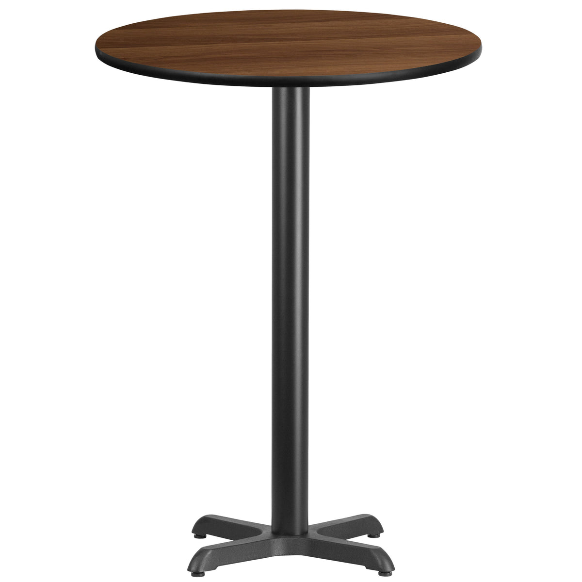 Walnut |#| 30inch Round Walnut Laminate Table Top with 22inch x 22inch Bar Height Table Base