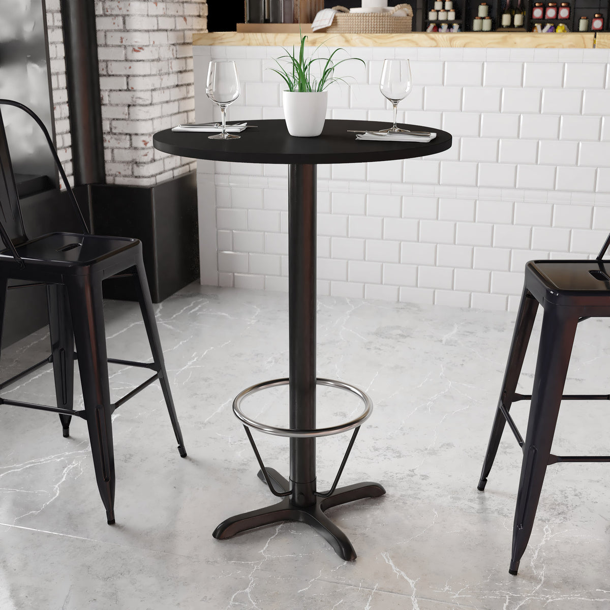 Black |#| 30inch Round Black Laminate Table Top & 22inchx 22inch Bar Height Base with Foot Ring
