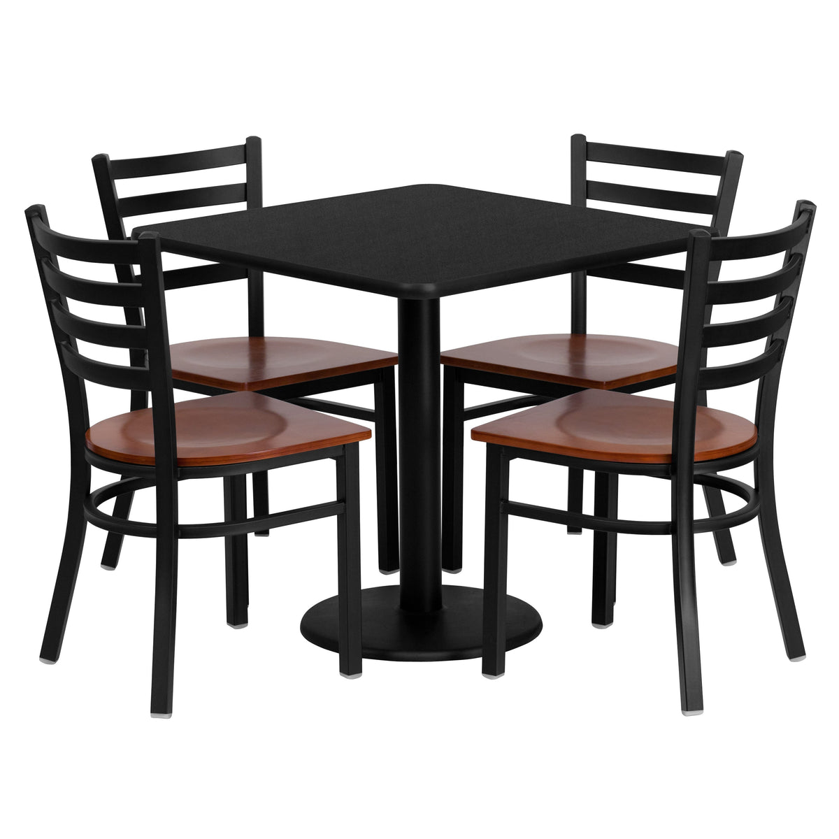 30inch Square Black Laminate Table Set with 4 Metal Chairs - Cherry Wood Seat