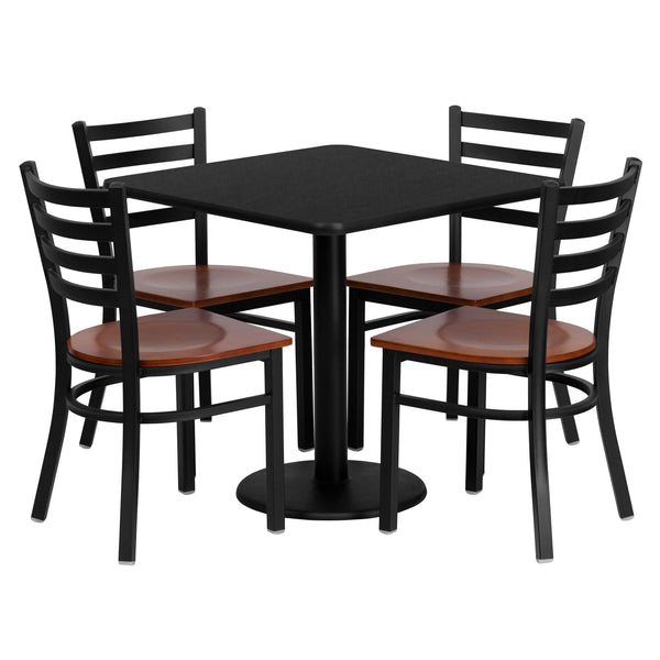 30inch Square Black Laminate Table Set with 4 Metal Chairs - Cherry Wood Seat