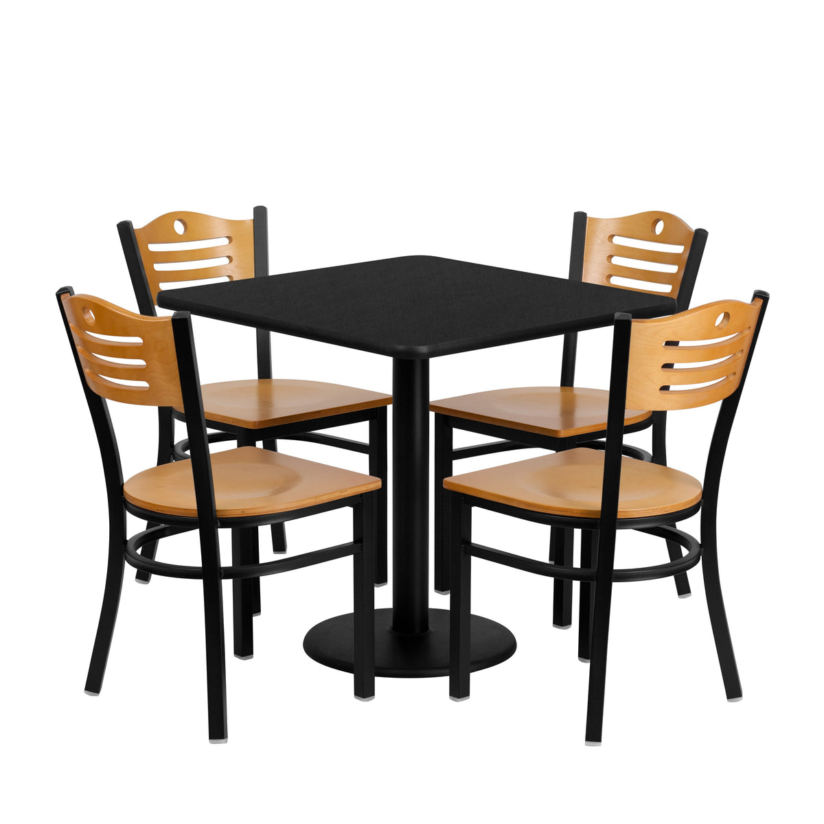 30inch Square Black Laminate Table Set with 4 Metal Chairs - Natural Wood Seat