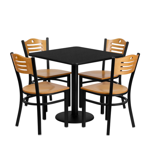 30inch Square Black Laminate Table Set with 4 Metal Chairs - Natural Wood Seat