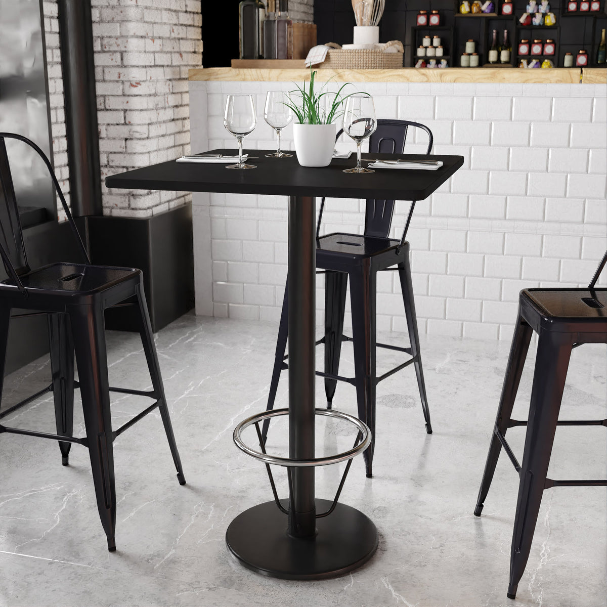 Black |#| 30inch Square Black Laminate Table Top with 18inch Round Bar Height Table Base