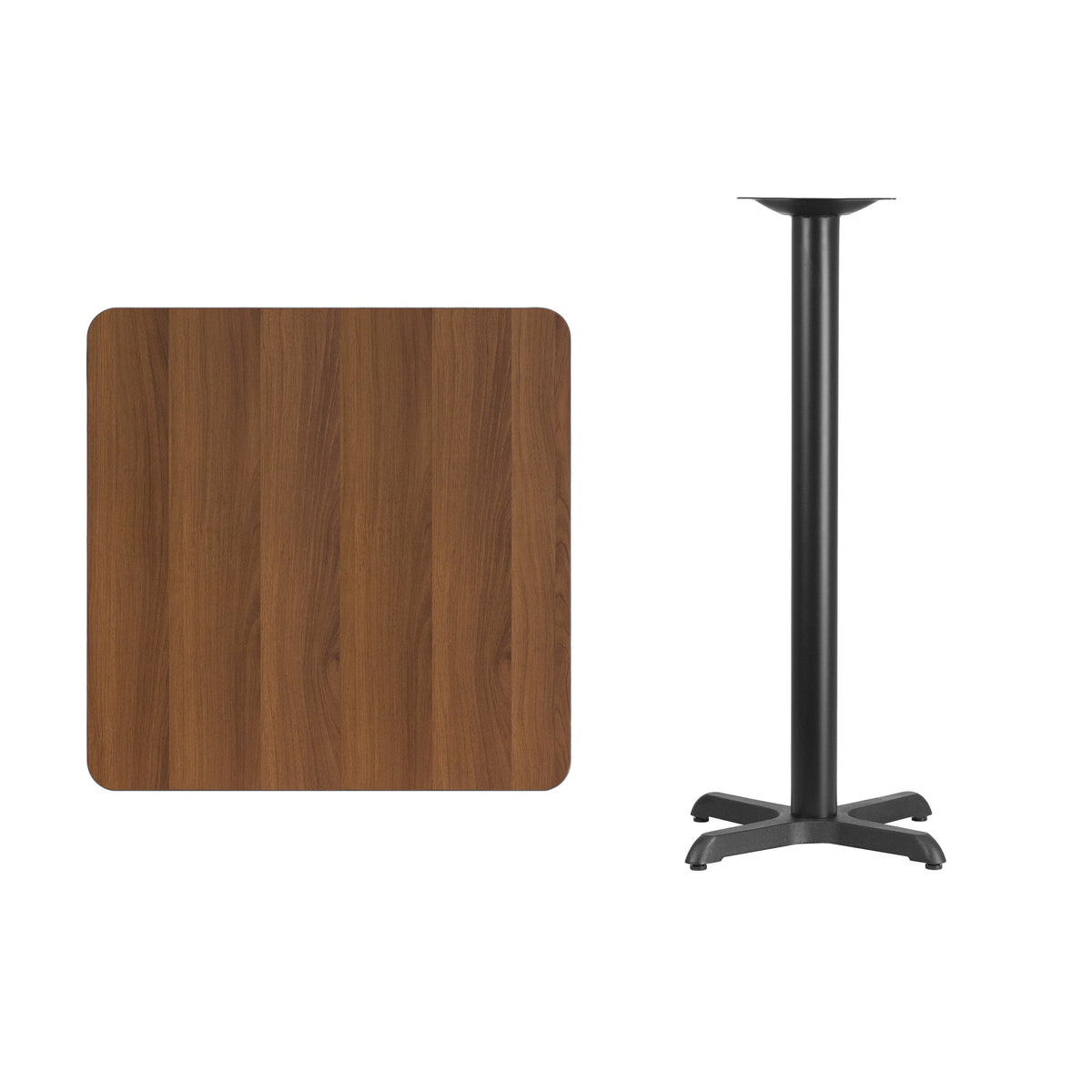 Walnut |#| 30inch Square Walnut Laminate Table Top with 22inch x 22inch Bar Height Table Base