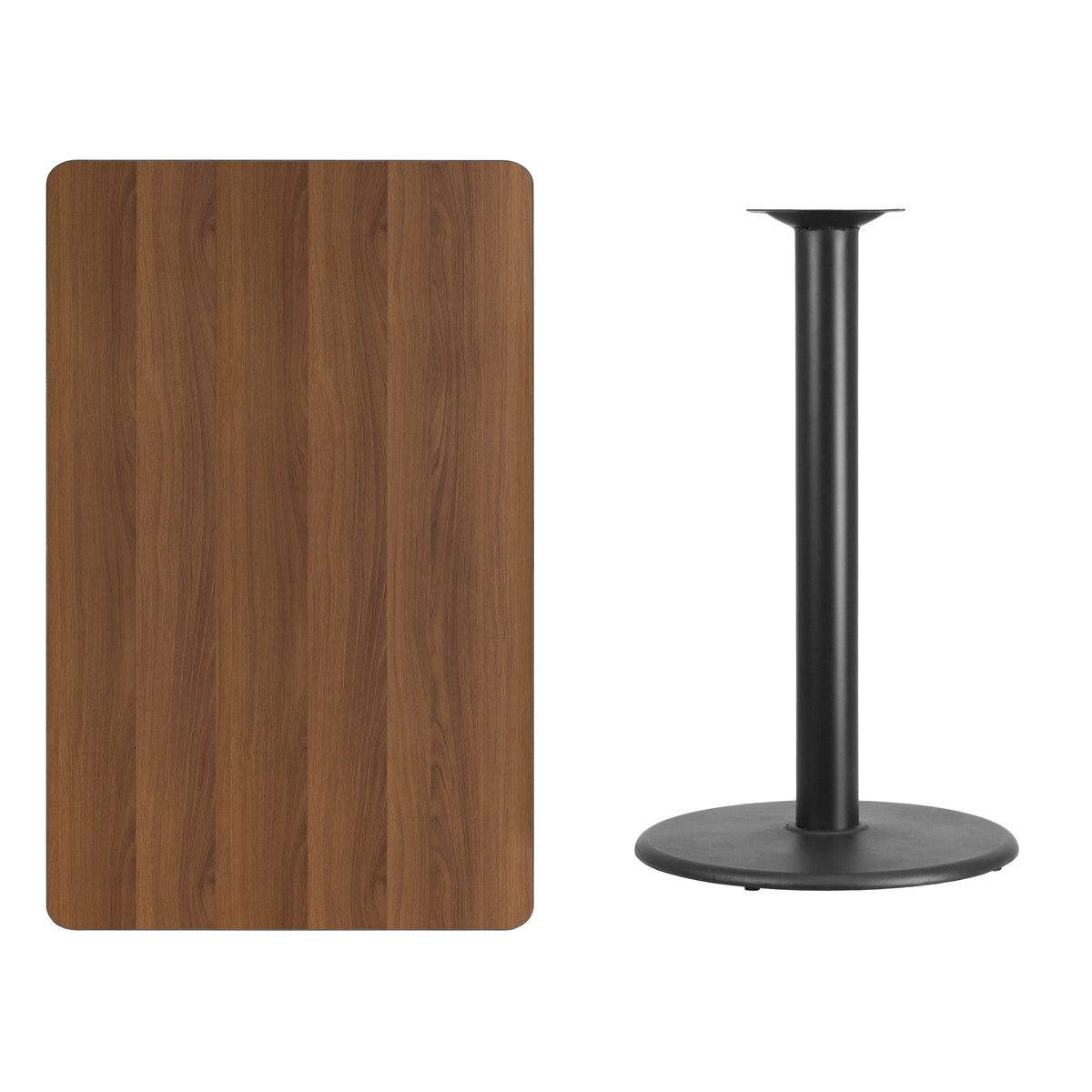 Walnut |#| 30x48 Rectangular Walnut Laminate Table Top & 24inch Round Bar Height Table Base