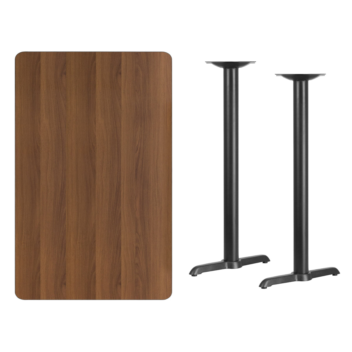 Walnut |#| 30x48 Rectangular Walnut Laminate Table Top & 5inch x 22inch Bar Height Table Bases