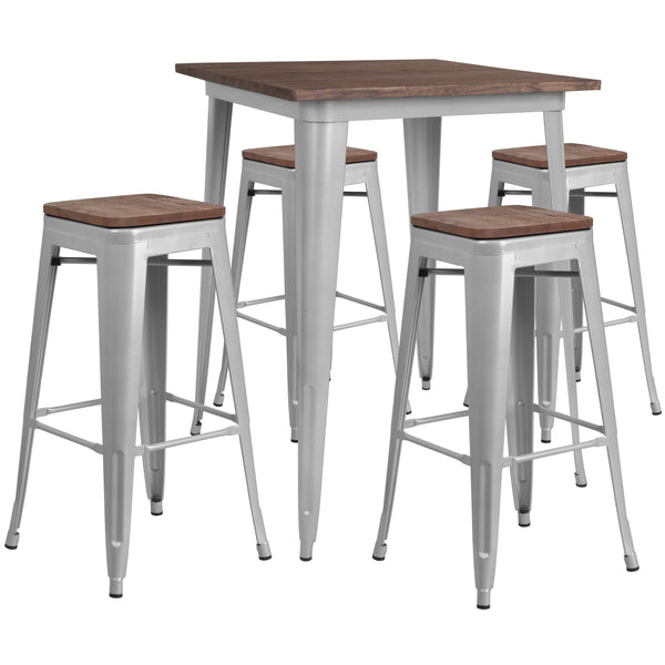 Silver |#| 31.5inch Square Silver Metal Bar Table Set with Wood Top and 4 Backless Stools