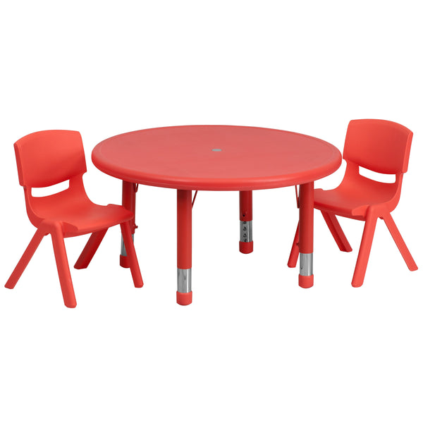 Red |#| 33inch Round Red Plastic Height Adjustable Activity Table Set with 2 Chairs