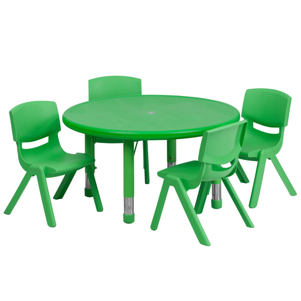 Green |#| 33inch Round Green Plastic Height Adjustable Activity Table Set with 4 Chairs