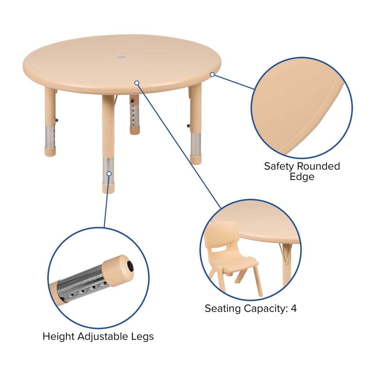 Natural |#| 33inch Round Natural Plastic Height Adjustable Activity Table Set with 4 Chairs