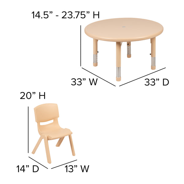 Natural |#| 33inch Round Natural Plastic Height Adjustable Activity Table Set with 4 Chairs