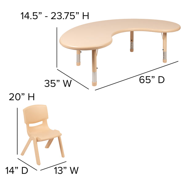 Natural |#| 35inchW x 65inchL Half-Moon Natural Plastic Adjustable Activity Table Set - 4 Chairs