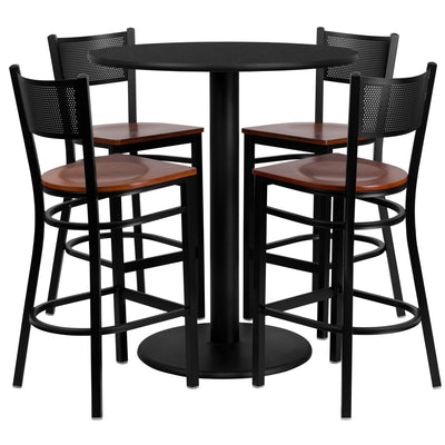 36'' Round Laminate Table Set with 4 Grid Back Metal Barstools - View 1