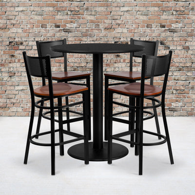 36'' Round Laminate Table Set with 4 Grid Back Metal Barstools - View 2
