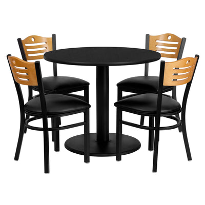 36'' Round Laminate Table Set with 4 Wood Slat Back Metal Chairs