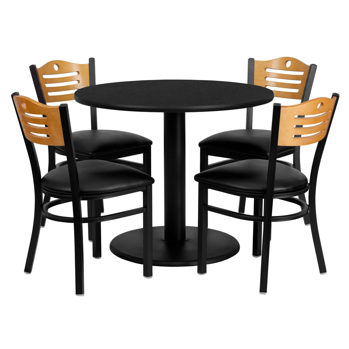 36inch Round Black Laminate Table Set with 4 Metal Chairs - Black Vinyl Seat