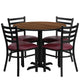 Walnut Top/Burgundy Vinyl Seat |#| 36inch Round Walnut Laminate Table w/ X-Base & 4 Metal Chairs - Burg Vinyl Seat