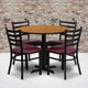 Natural Top/Burgundy Vinyl Seat |#| 36inch Round Natural Laminate Table w/ X-Base & 4 Metal Chairs - Burg Vinyl Seat