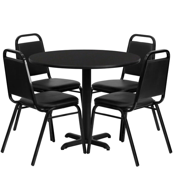 Black Top/Black Vinyl Seat |#| 36inch Round Black Laminate Table Set with X-Base and 4 Black Banquet Chairs