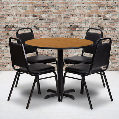36'' Round Laminate Table Set with X-Base and 4 Trapezoidal Back Banquet Chairs