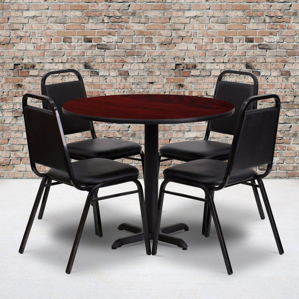 Mahogany Top/Black Vinyl Seat |#| 36inch Round Mahogany Laminate Table Set with X-Base and 4 Black Banquet Chairs