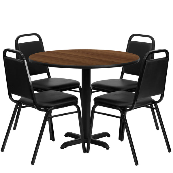 Walnut Top/Black Vinyl Seat |#| 36inch Round Walnut Laminate Table Set with X-Base and 4 Black Banquet Chairs