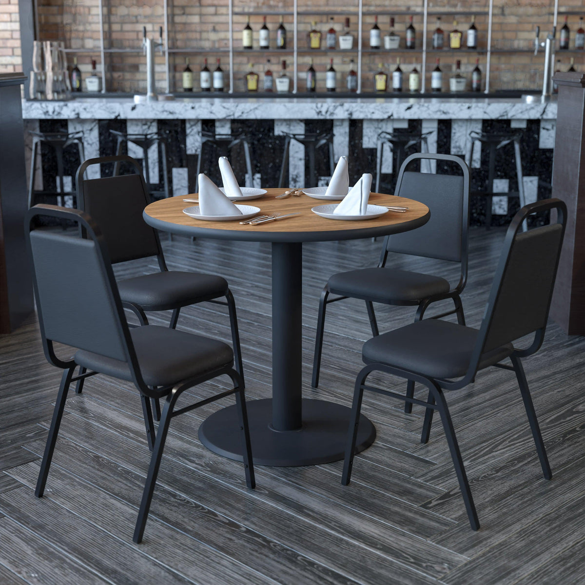 Walnut Top/Black Vinyl Seat |#| 36inch Round Walnut Laminate Table Set with X-Base and 4 Black Banquet Chairs