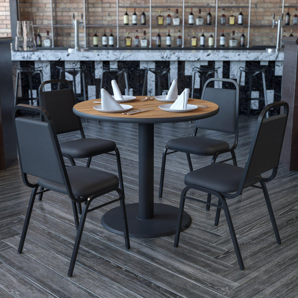 Walnut Top/Black Vinyl Seat |#| 36inch Round Walnut Laminate Table Set with X-Base and 4 Black Banquet Chairs