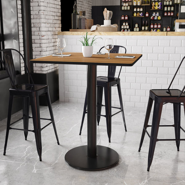 Walnut |#| 36inch Square Walnut Laminate Table Top with 24inch Round Bar Height Table Base