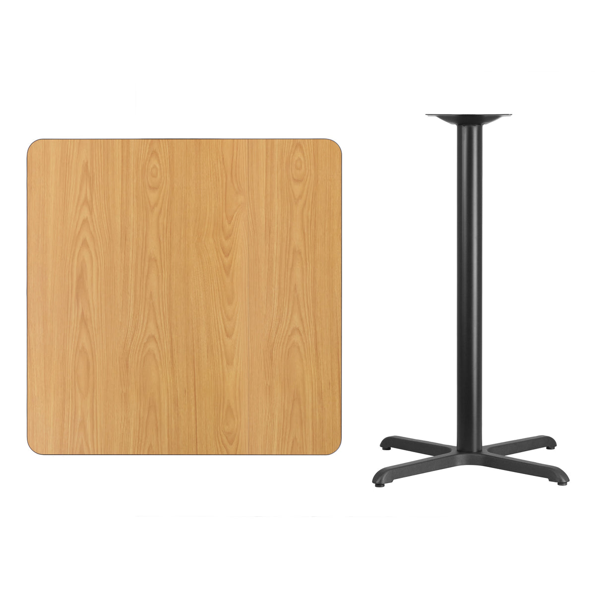 Natural |#| 36inch Square Natural Laminate Table Top with 30inch x 30inch Bar Height Table Base