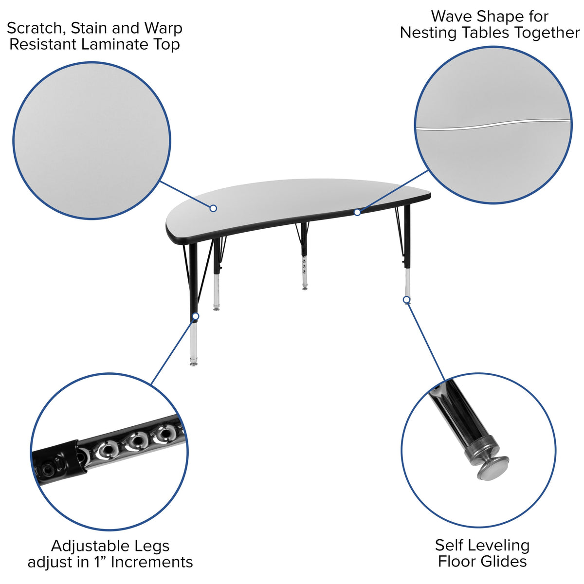 Grey |#| 3 Piece 76inch Oval Wave Flexible Grey Kids Adjustable Activity Table Set