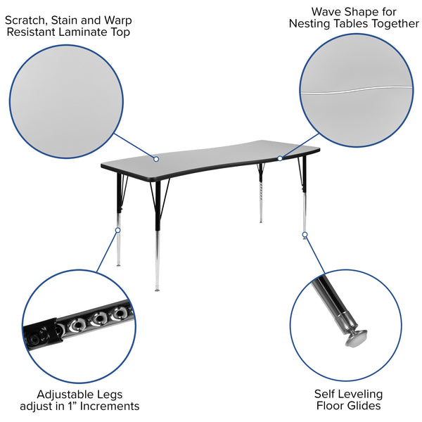 Grey |#| 3 Piece 86inch Oval Wave Flexible Grey Adjustable Activity Table Set