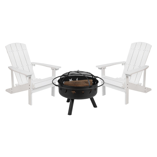 White |#| Star and Moon Fire Pit with Mesh Cover & 2 White Poly Resin Adirondack Chairs