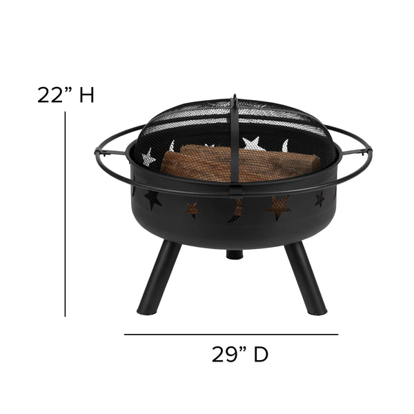 Teak |#| Star and Moon Fire Pit with Mesh Cover & 2 Teak Poly Resin Adirondack Chairs