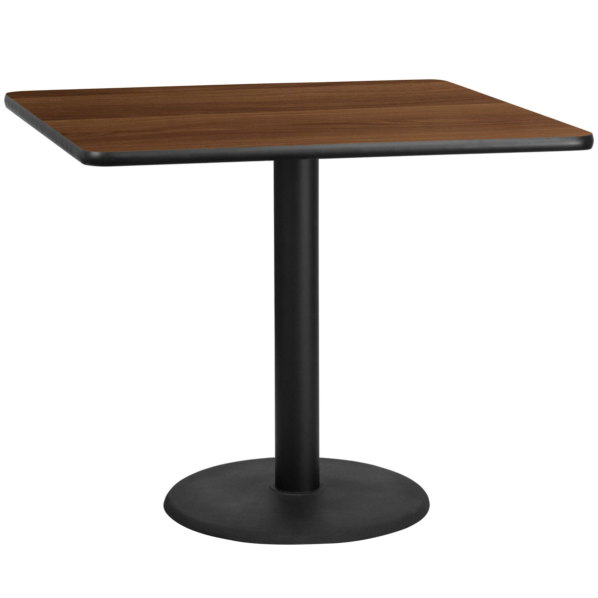 Walnut |#| 42inch Square Walnut Laminate Table Top with 24inch Round Table Height Base