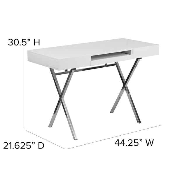 44.25inchW x 21.625inchD White Computer Desk with Keyboard Tray and Drawers
