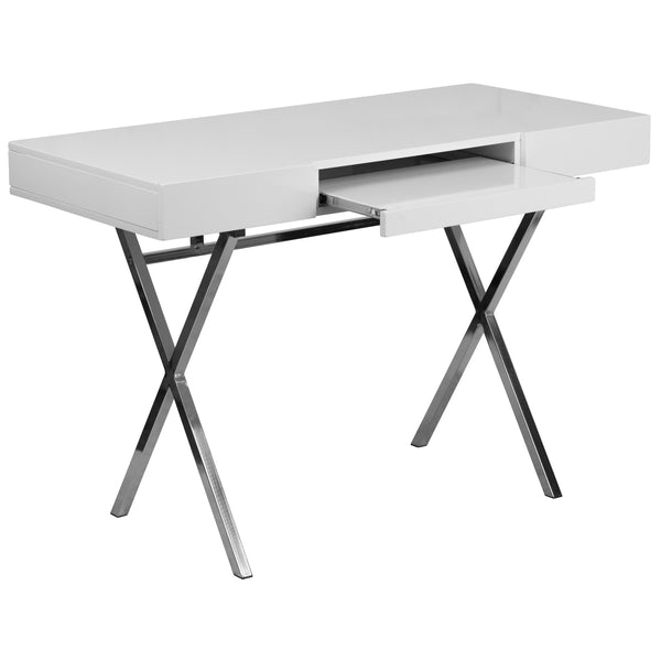 44.25inchW x 21.625inchD White Computer Desk with Keyboard Tray and Drawers