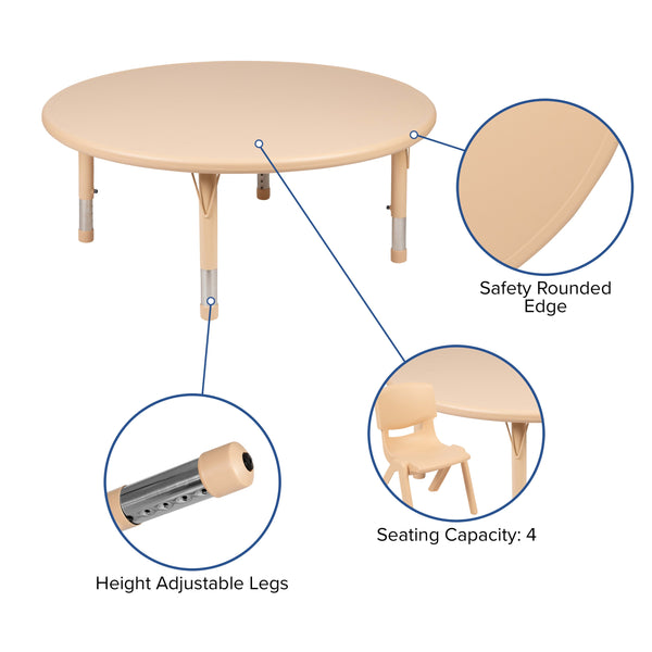 Natural |#| 45inch Round Natural Plastic Height Adjustable Activity Table Set with 4 Chairs