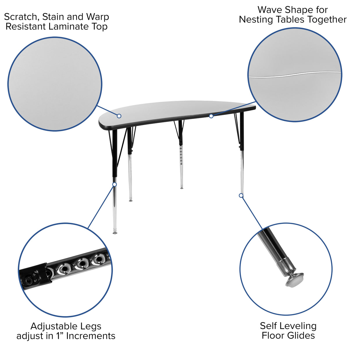 Grey |#| 47.5inch Half Circle Wave Collaborative Grey Adjustable Height Activity Table