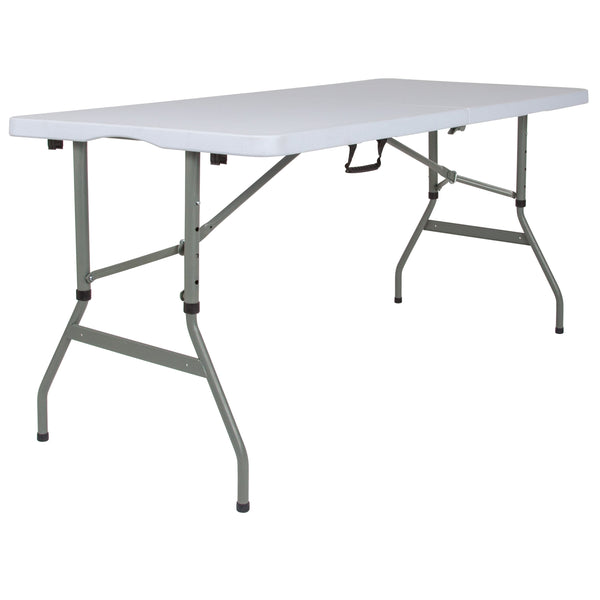 5-Foot Height Adjustable Bi-Fold Granite White Plastic Folding Table with Handle