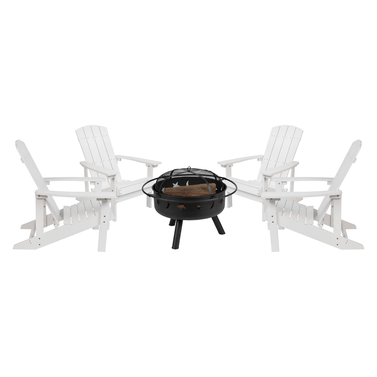 White |#| Star and Moon Fire Pit with Mesh Cover & 4 White Poly Resin Adirondack Chairs