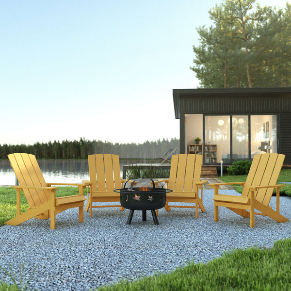 Yellow |#| Star and Moon Fire Pit with Mesh Cover & 4 Yellow Poly Resin Adirondack Chairs