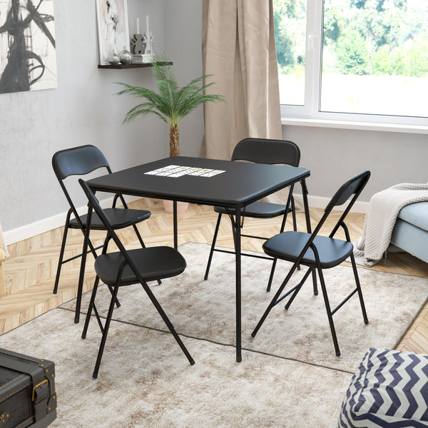 Black |#| 5 Piece Black Folding Card Table and Chair Set with Upholstered Table Top